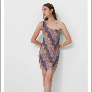 NEW Stradivarius Multicolor One-Shoulder Sequins Mini Dress Cocktail Clubbing M